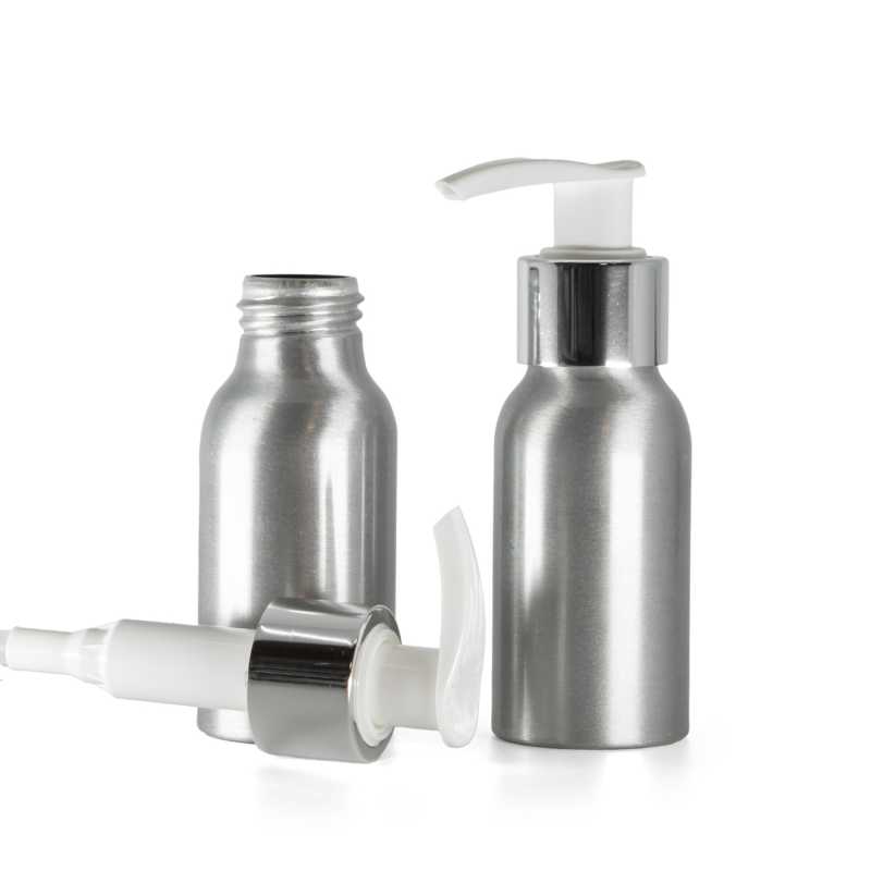 Alumínium palack fehér adagolóval, fényes ezüst gallérral, 50 ml