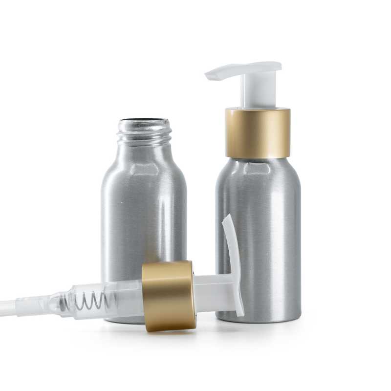 Alumínium palack, fehér adagoló matt arany gallérral, 50 ml