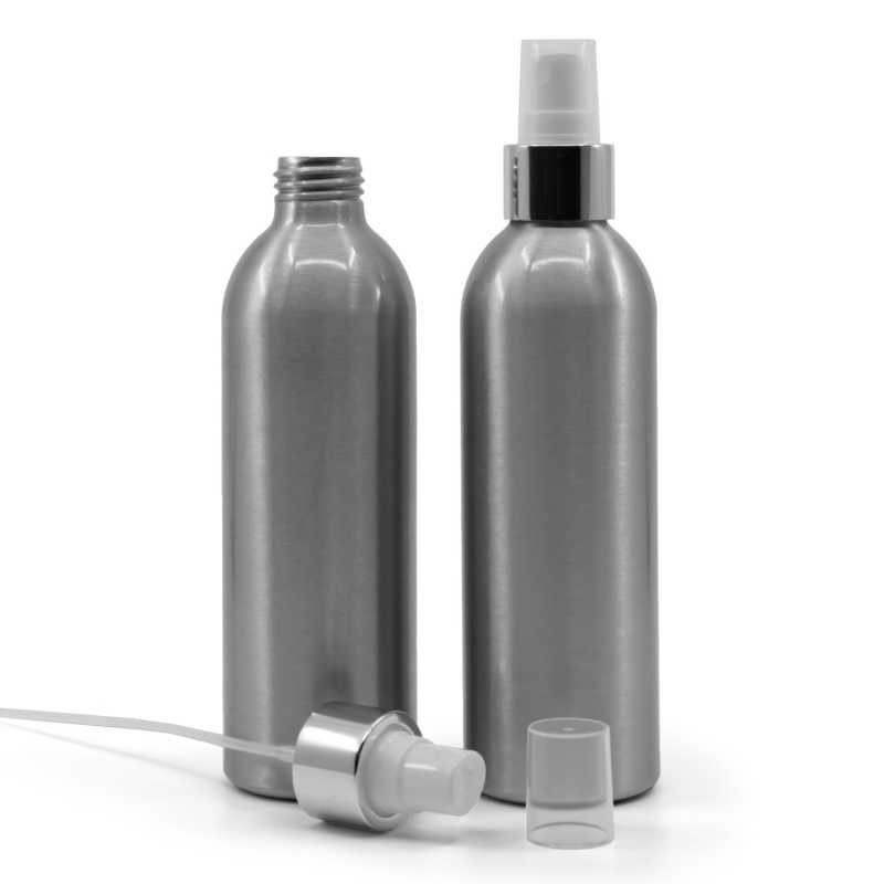 Alumínium palack, fehér permetező fényes ezüst gallérral, 225 ml