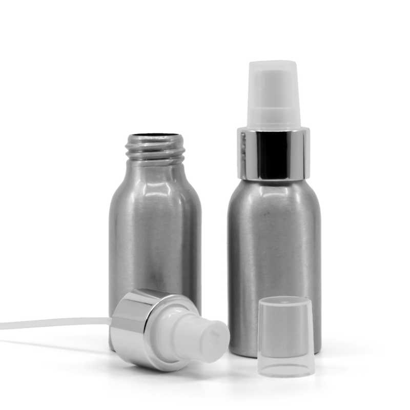 Alumínium palack, fehér permetezőfej, fényes ezüst gyűrű, 50 ml