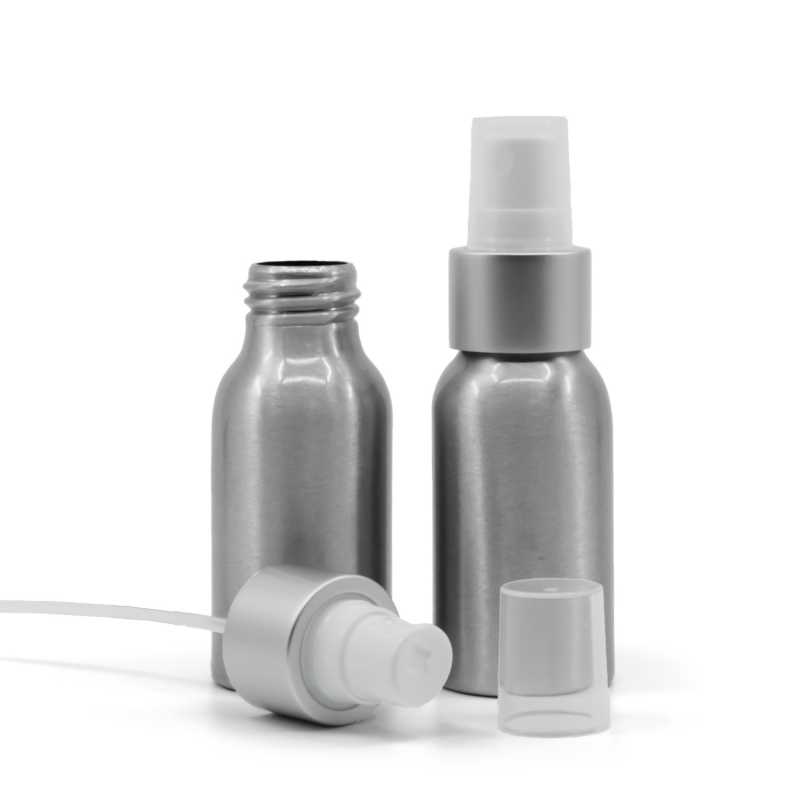 Alumínium palack fehér permetezőfejjel, matt ezüst gyűrűvel, 50 ml