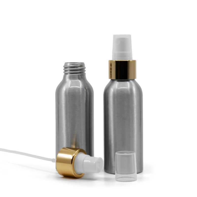 Alumínium palack, fehér permetezőfej, fényes arany gyűrű, 100 ml
