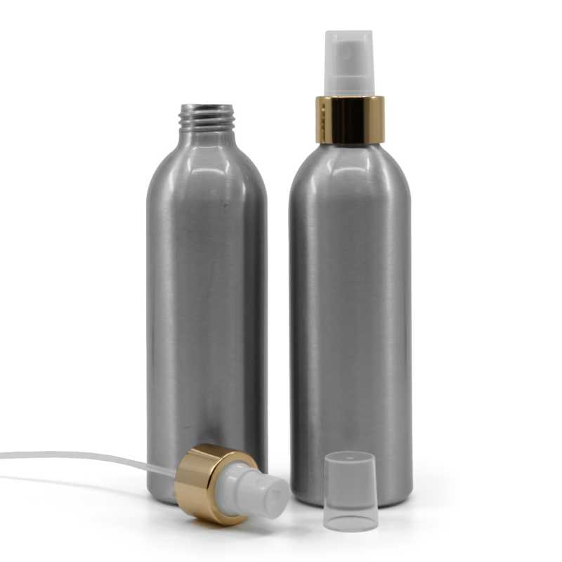 Alumínium palack, fehér permetezőfej, fényes arany gyűrű, 225 ml