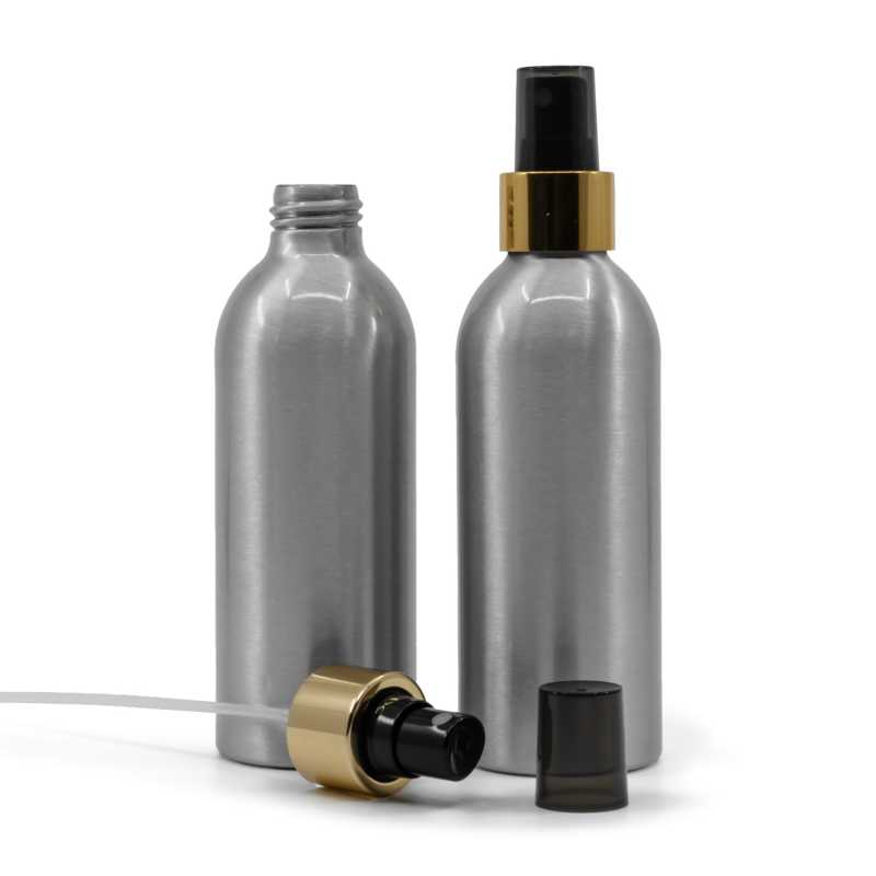 Alumínium palack, fekete permetezőfej, fényes arany gyűrű, 200 ml
