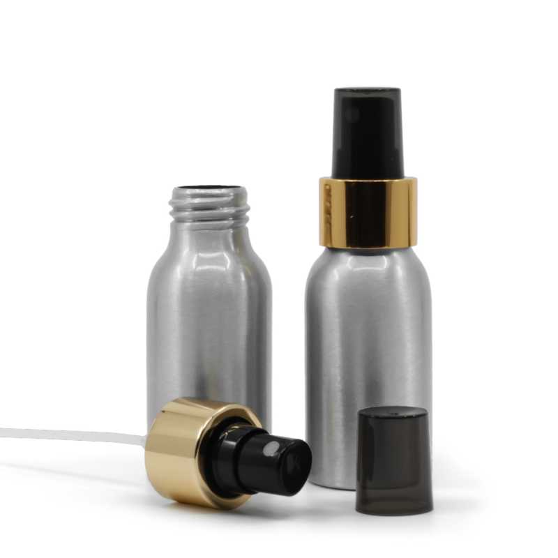 Alumínium palack, fekete permetezőfej, fényes aranygyűrű, 50 ml