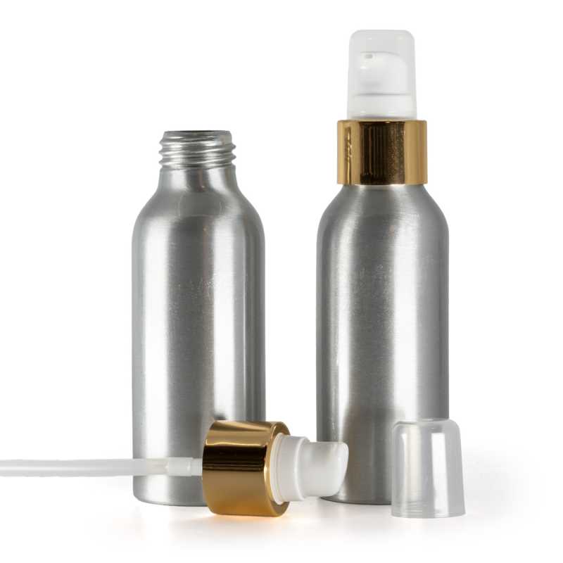 Alumínium palack, fehér adagoló kupakkal, fényes arany, 100 ml