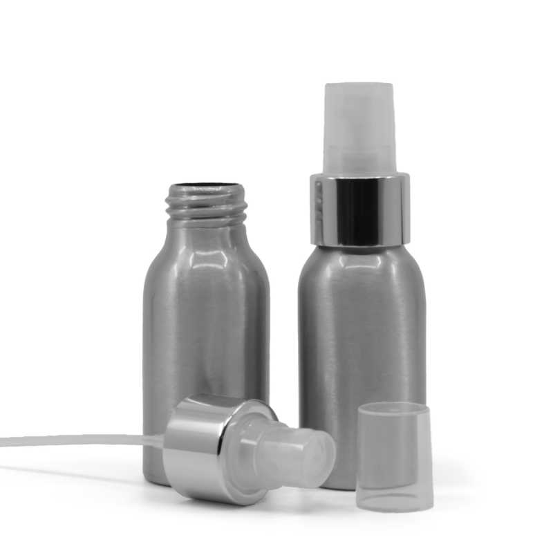 Alumínium flakon, átlátszó permetpumpa fényes ezüst gyűrűvel, 50 ml