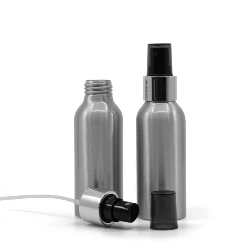 Alumínium palack fekete permetezőfejjel és fényes ezüst gallérral, 100 ml