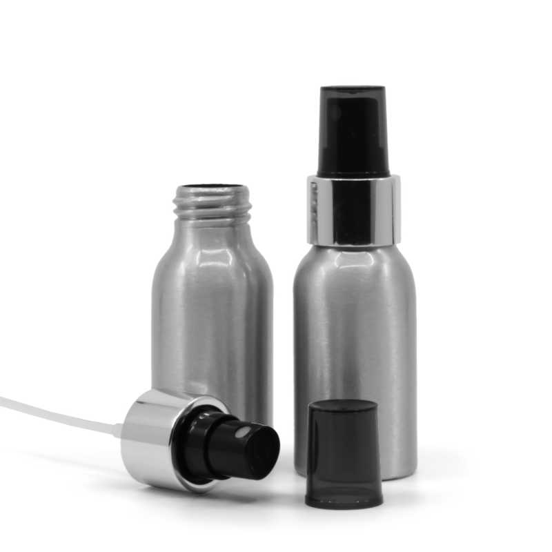 Alumínium palack fekete permetezőfejjel, fényes ezüst gallérral, 50 ml
