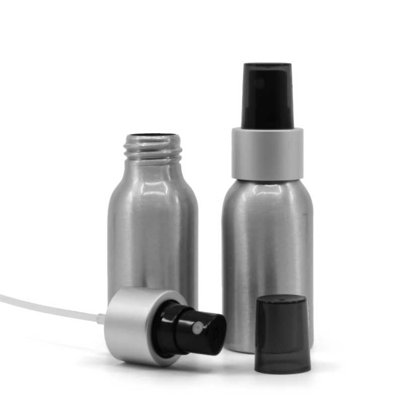 Alumínium palack, fekete permetezőfej, matt ezüst gallér, 50 ml