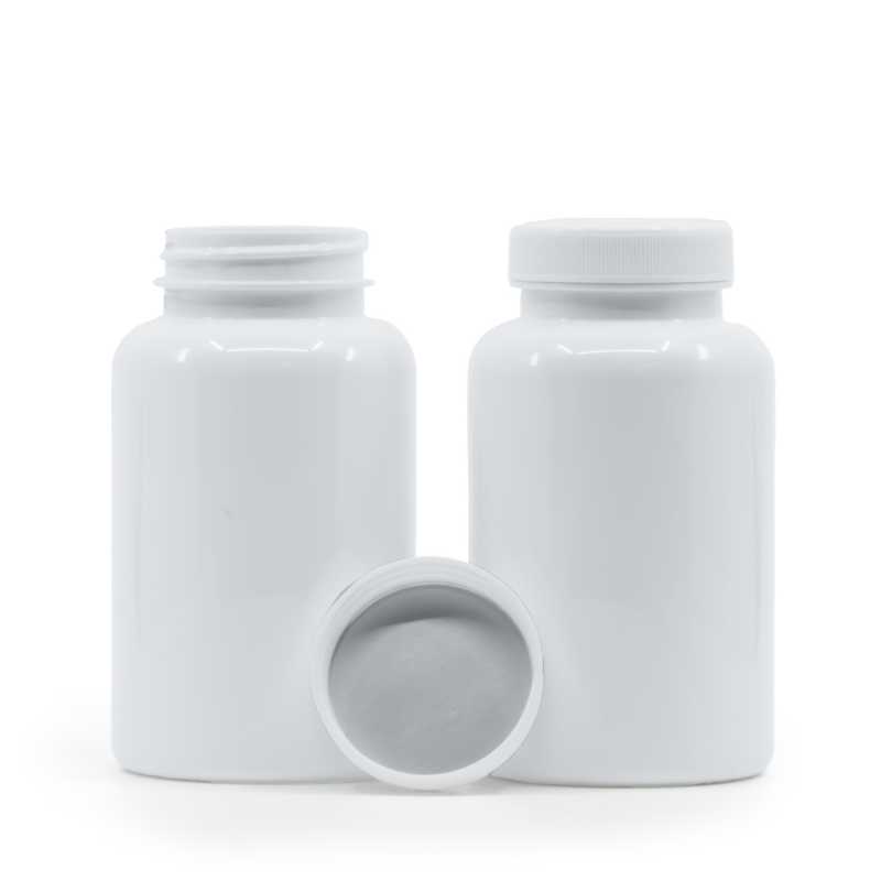 Fehér műanyag tablettás tégely, fehér kupak, indukciós zárófólia, 250 ml