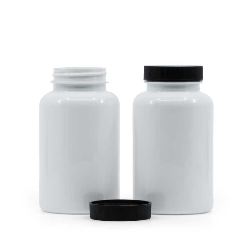 Fehér műanyag tablettás tégely fekete kupakkal 250 ml