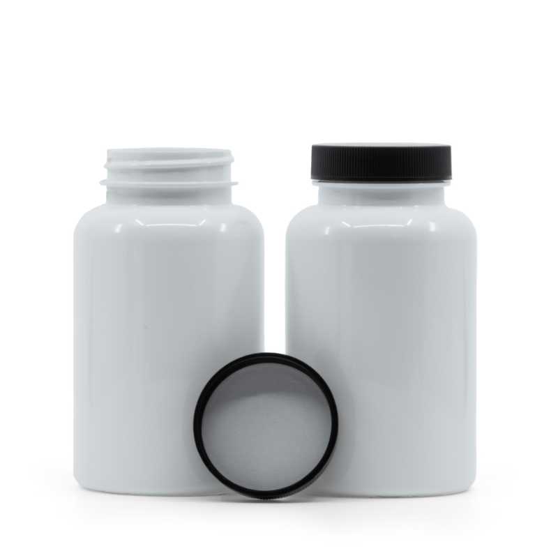 Fehér műanyag tablettás tégely, fekete kupak, indukciós zárófólia, 250 ml