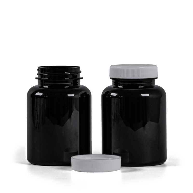 Fekete műanyag tablettás tégely fehér kupakkal, 200 ml