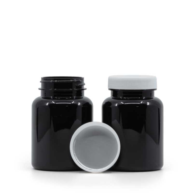 Fekete műanyag tablettás tégely, fehér kupak, indukciós zárófólia, 150 ml