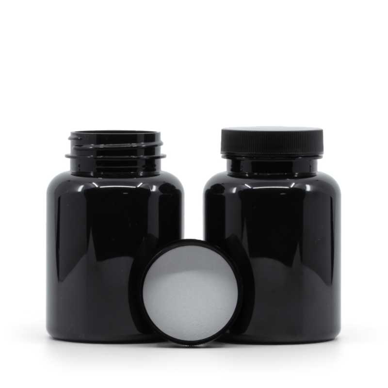 Fekete műanyag tablettás tégely, fekete kupak, indukciós zárófólia, 200 ml