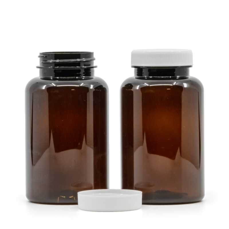 Borostyánszínű műanyag tablettás tégely fehér kupakkal 250 ml