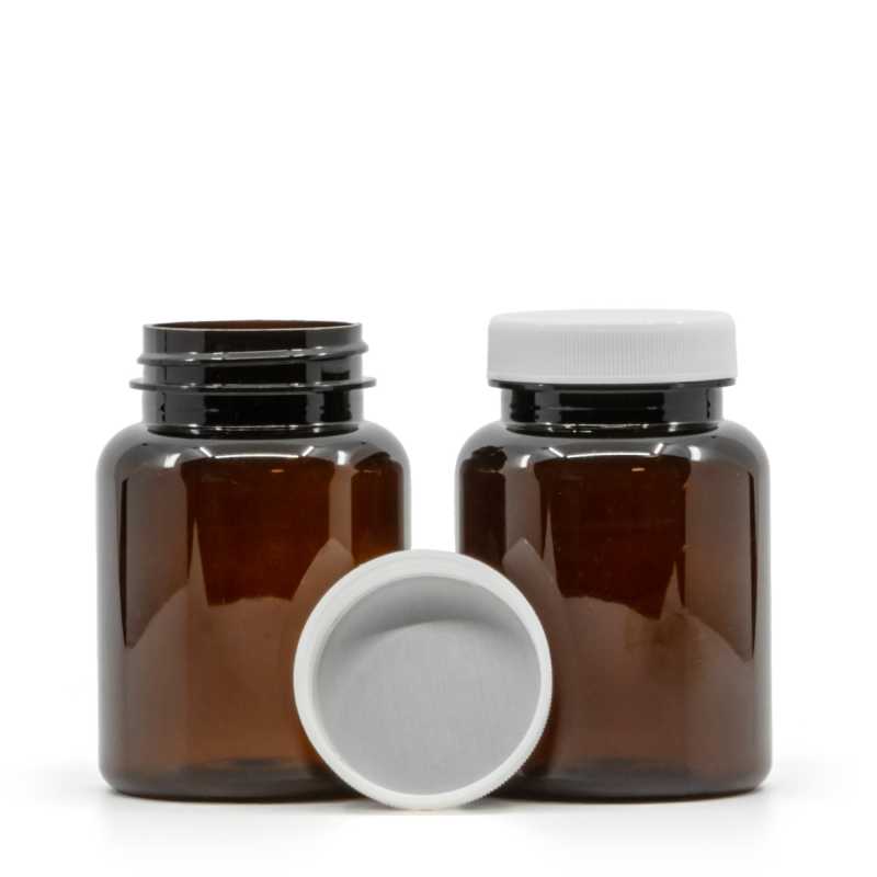 Barna műanyag tablettatartó, fehér kupak, indukciós zárófólia, 150 ml