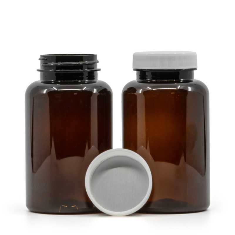 Barna műanyag tablettás tégely, fehér kupak, indukciós zárófólia, 250 ml