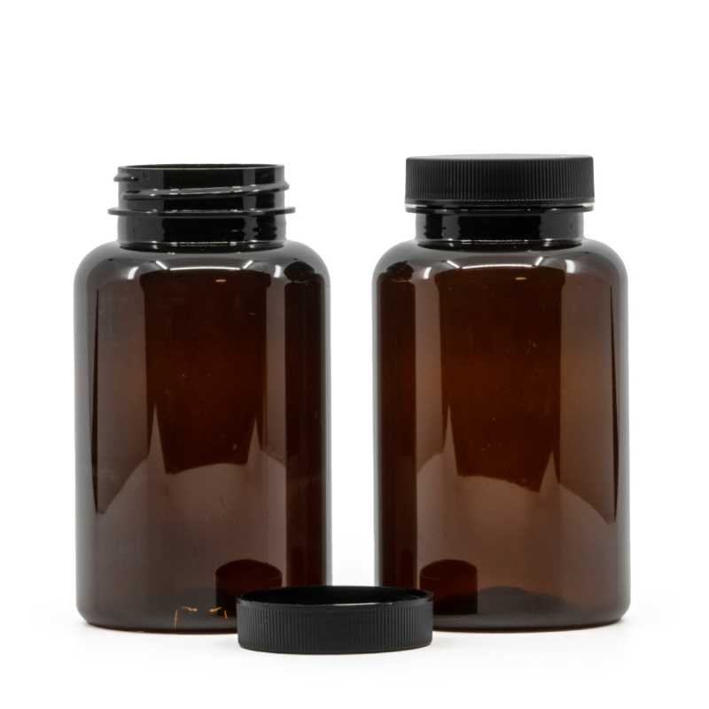 Barna műanyag tablettás tégely fekete kupakkal 250 ml