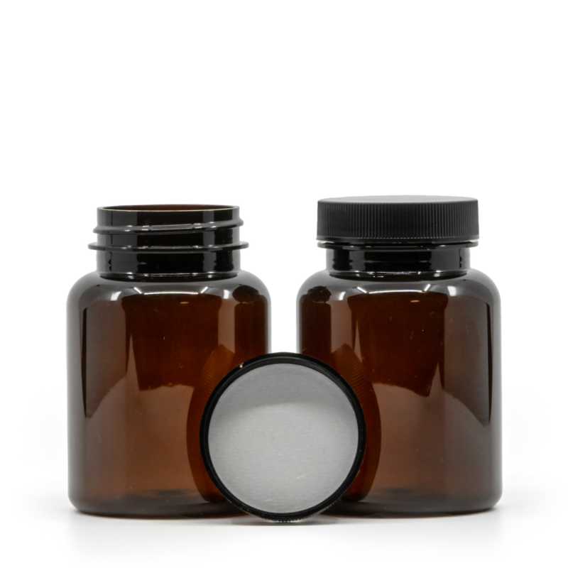 Barna műanyag tablettás tégely, fekete kupak, indukciós zárófólia, 150 ml