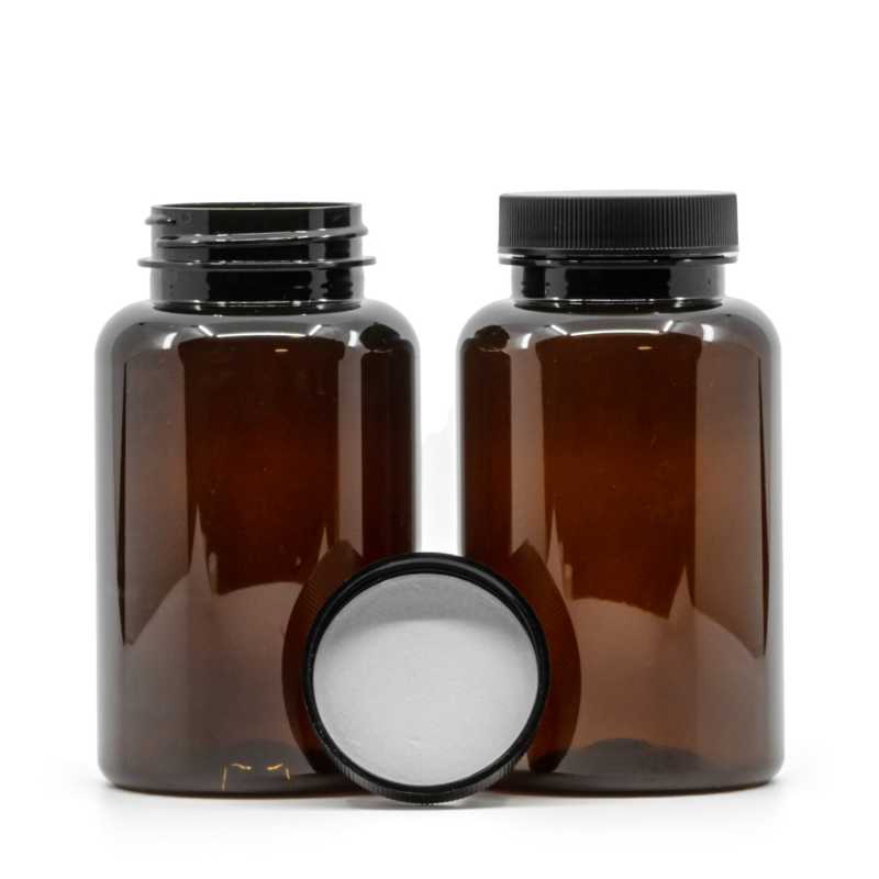 Barna műanyag tablettás tégely, fekete kupak, indukciós zárófólia, 250 ml