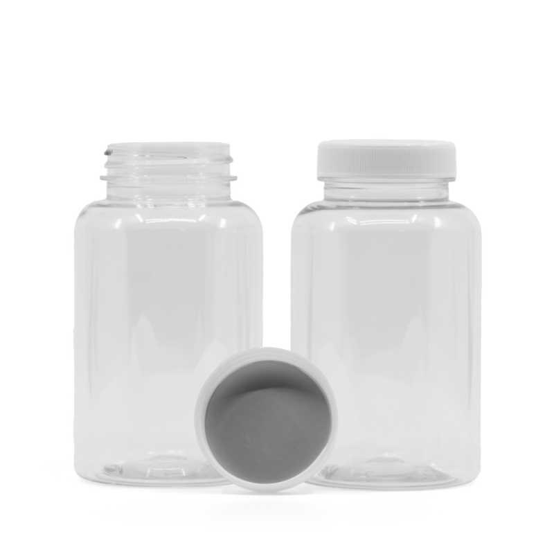 Átlátszó műanyag tablettás tégely, fehér kupak, indukciós zárófólia, 250 ml