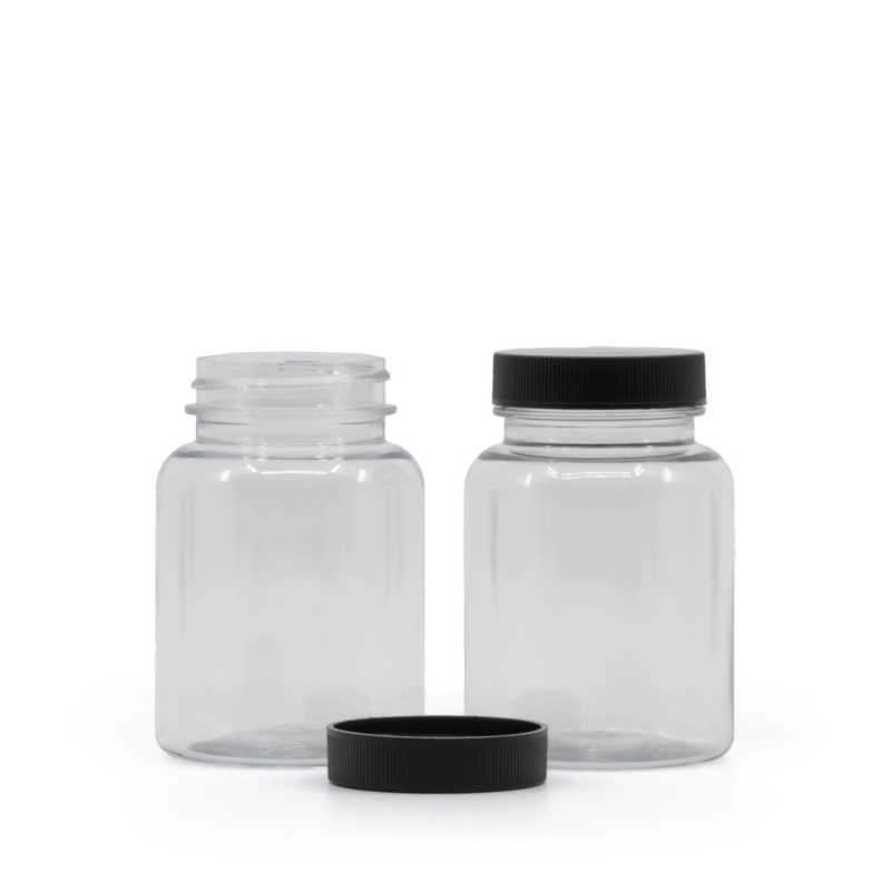 Átlátszó műanyag tablettás tégely fekete kupakkal, 150 ml