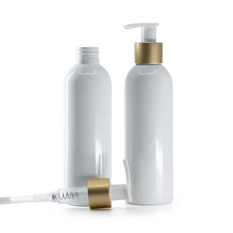 Fehér műanyag palack, fehér adagoló matt arany gallérral, 200 ml