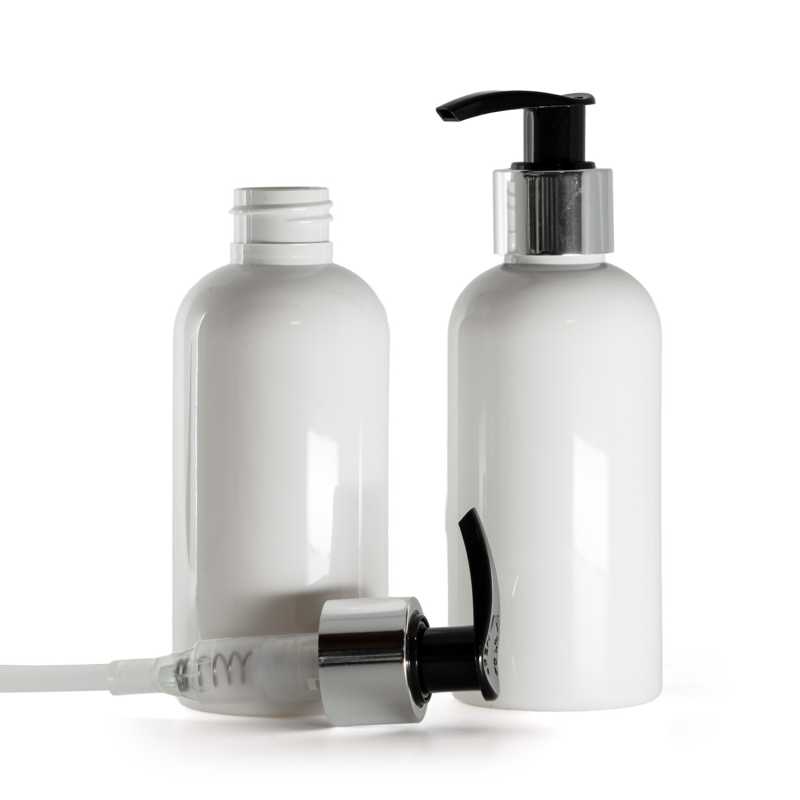 Fehér műanyag palack fekete adagolófejjel fényes ezüst gyűrűvel 150 ml