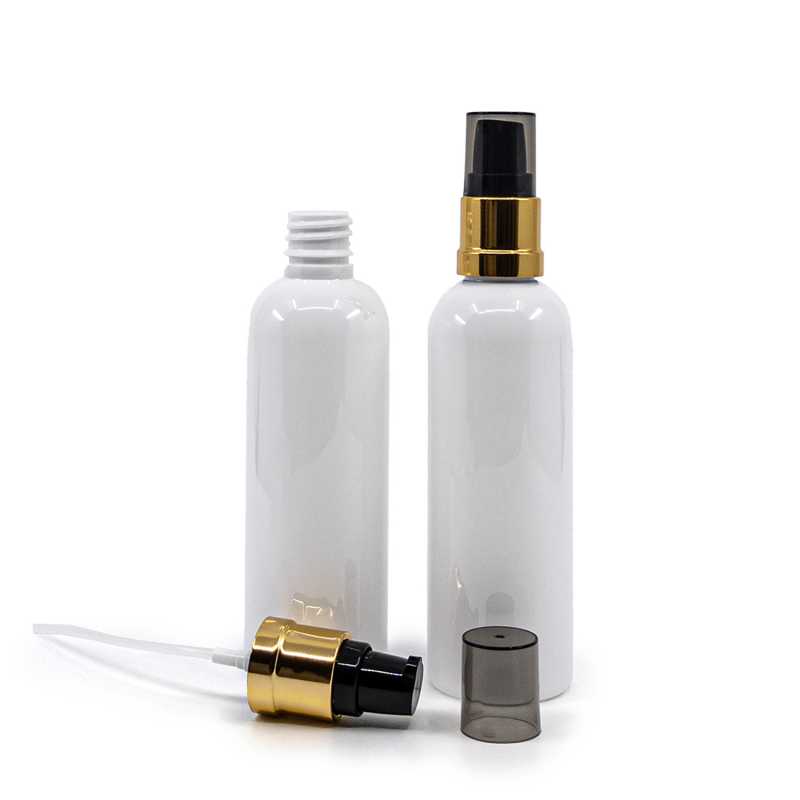 Fehér műanyag palack, fényes fekete-arany adagoló, 100 ml