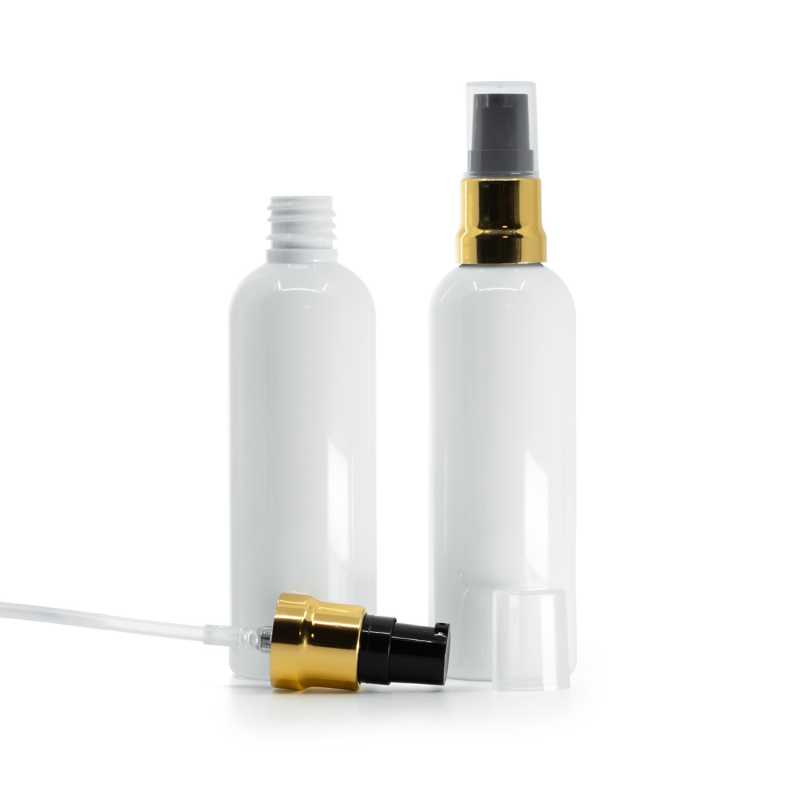 Fehér műanyag palack, fényes fekete-arany adagoló átlátszó kupakkal, 100 ml