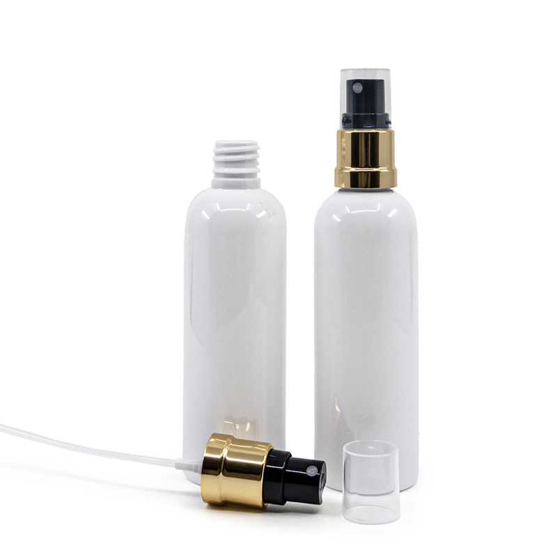 Fehér műanyag palack, fekete-arany permetezőfej, 100 ml