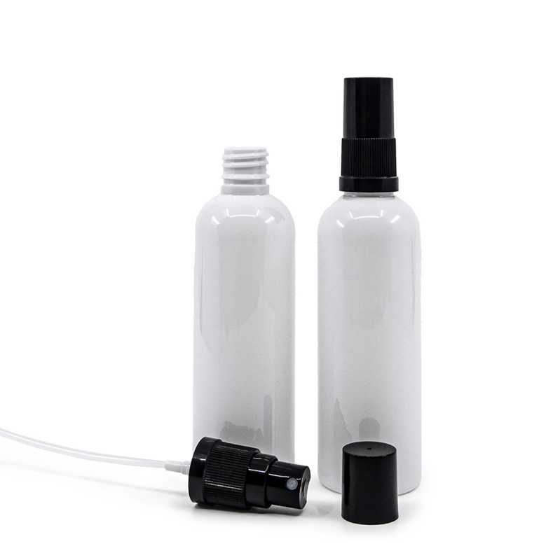Fehér műanyag palack, fekete permetezőfej, fekete kupak, 100 ml