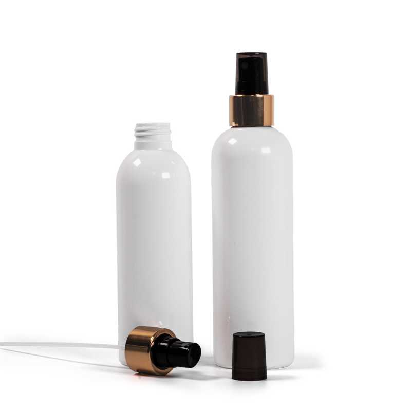 Fehér műanyag palack, fekete permetezőfej fényes arany gallérral, 200 ml
