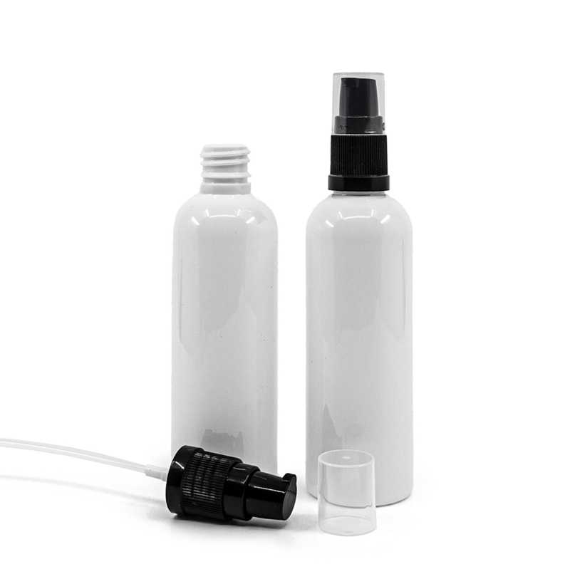 Fehér műanyag palack, fekete krémpumpa, 100 ml