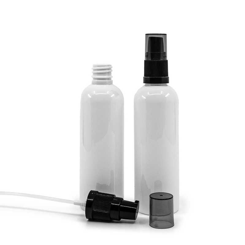 Fehér műanyag üvegcse, krémadagoló füstös felső kupakkal, 100 ml
