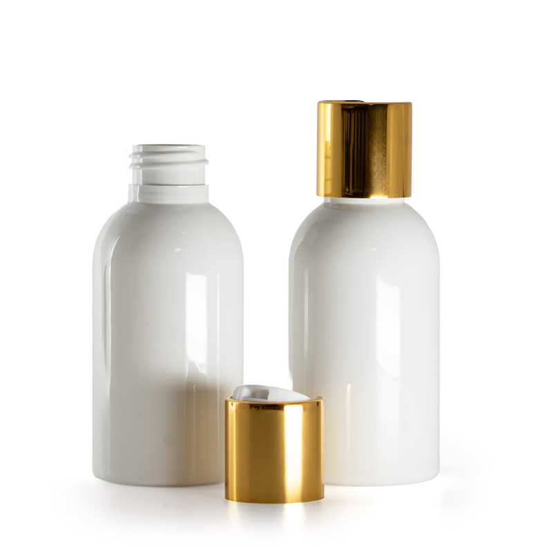 Fehér műanyag palack disctop kupakkal, arany gyűrűvel, fehér betéttel, 100 ml
