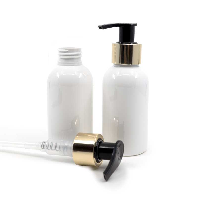 Fehér műanyag palack, arany pumpás adagoló, 100 ml