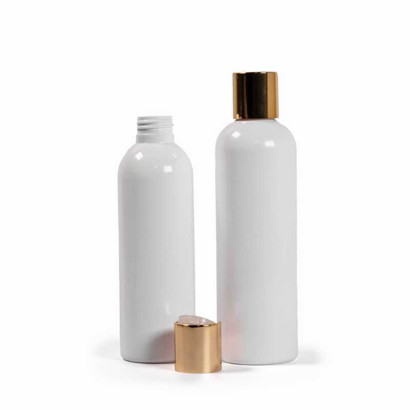 Fehér műanyag palack arany flip-top kupakkal 250 ml