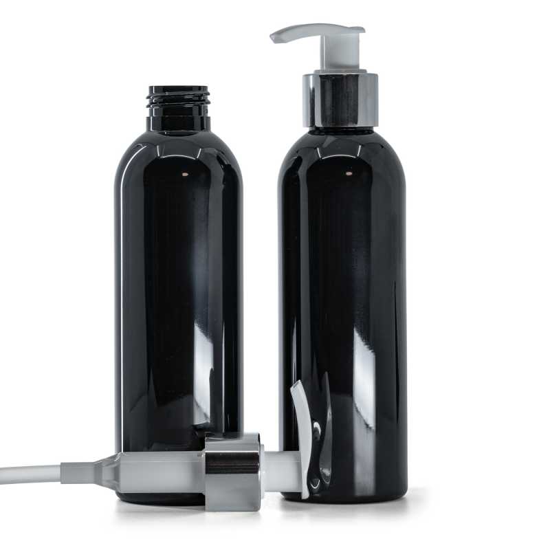 Fekete fényes műanyag palack, fehér adagolópumpa fényes ezüst gallérral, 200 ml