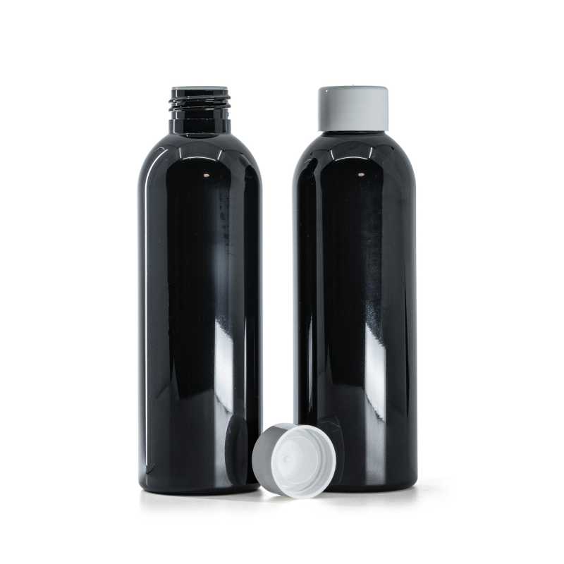 Fekete fényes műanyag palack, sima fehér kupak szűkítővel, 200 ml