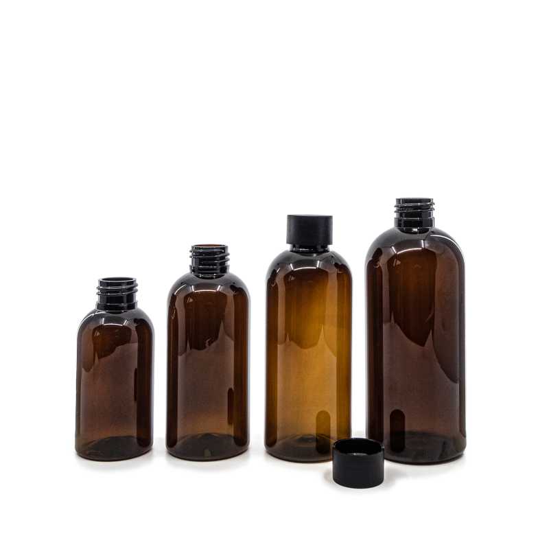 Műanyag palack, barna, 24/410, matt fekete kupak, 150 ml