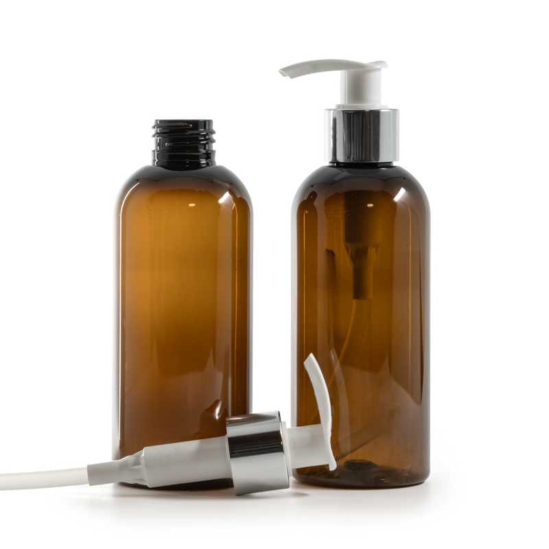 Borostyánszínű műanyag palack fehér adagolóval és fényes ezüst gyűrűvel, 200 ml