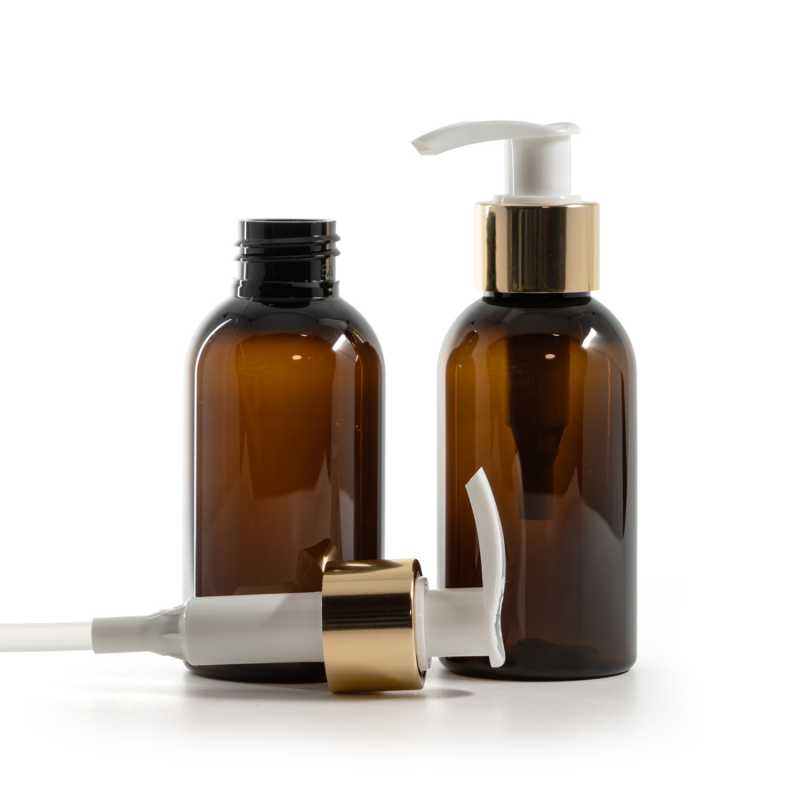 Barna műanyag palack, fehér adagoló fényes arany gallérral, 100 ml
