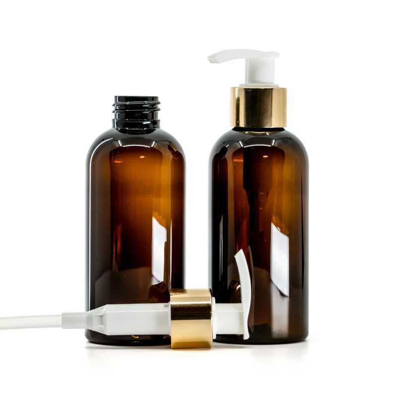 Barna műanyag palack fehér-arany adagolóval, 150 ml