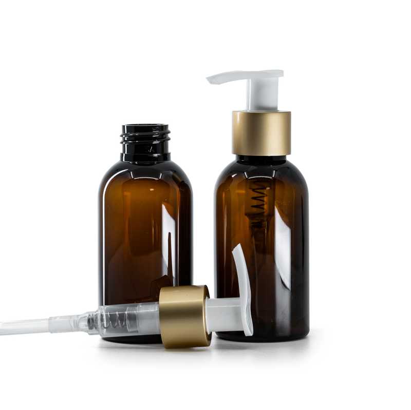 Barna műanyag palack, fehér krémadagoló matt arany gallérral, 100 ml