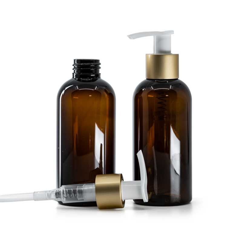 Barna műanyag palack fehér adagolófejjel matt arany gallérral 150 ml