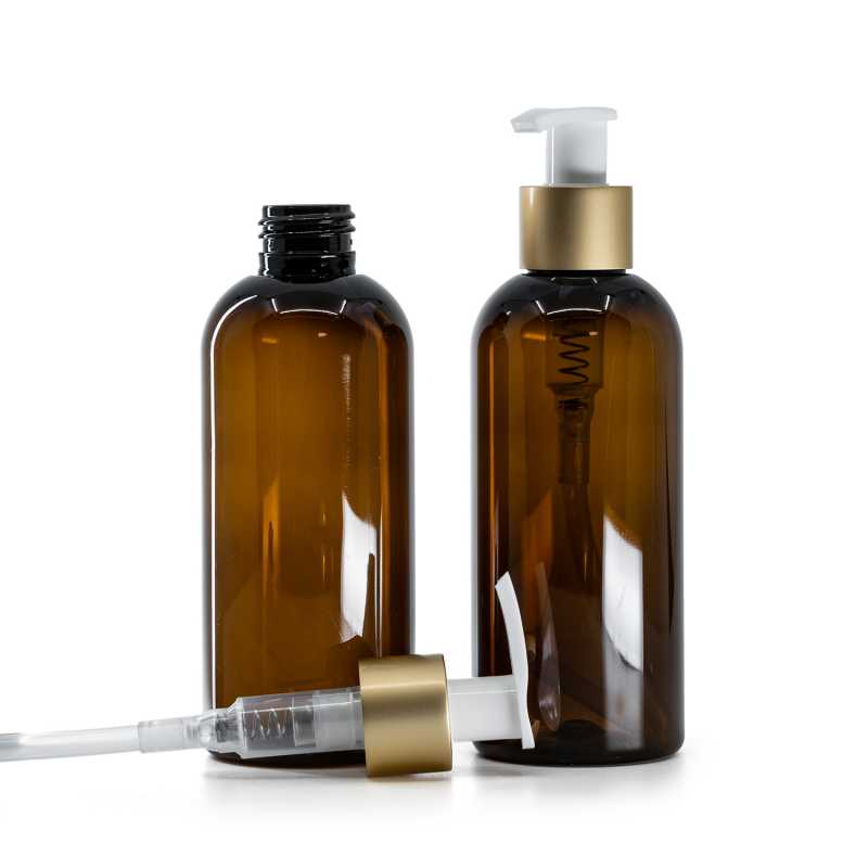 Barna műanyag palack, fehér adagoló matt arany gallérral, 200 ml