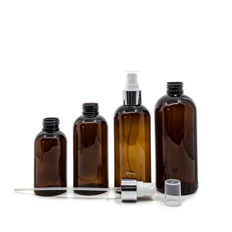 Barna műanyag palack, fehér permetezőfej fényes ezüst gyűrűvel, 200 ml